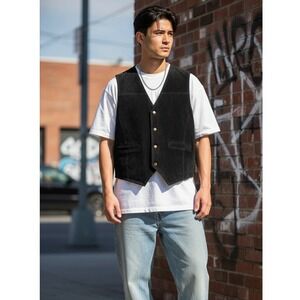 Vintage Basic Editions Mens Black Vest Size XL 100%‎ Genuine Leather